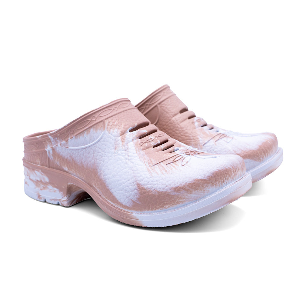 Pair of Westech Outrider slip-on shoes in Peaches & Cream marble pattern on white background, ultra-lightweight EVA Western shoes, Made in USA
