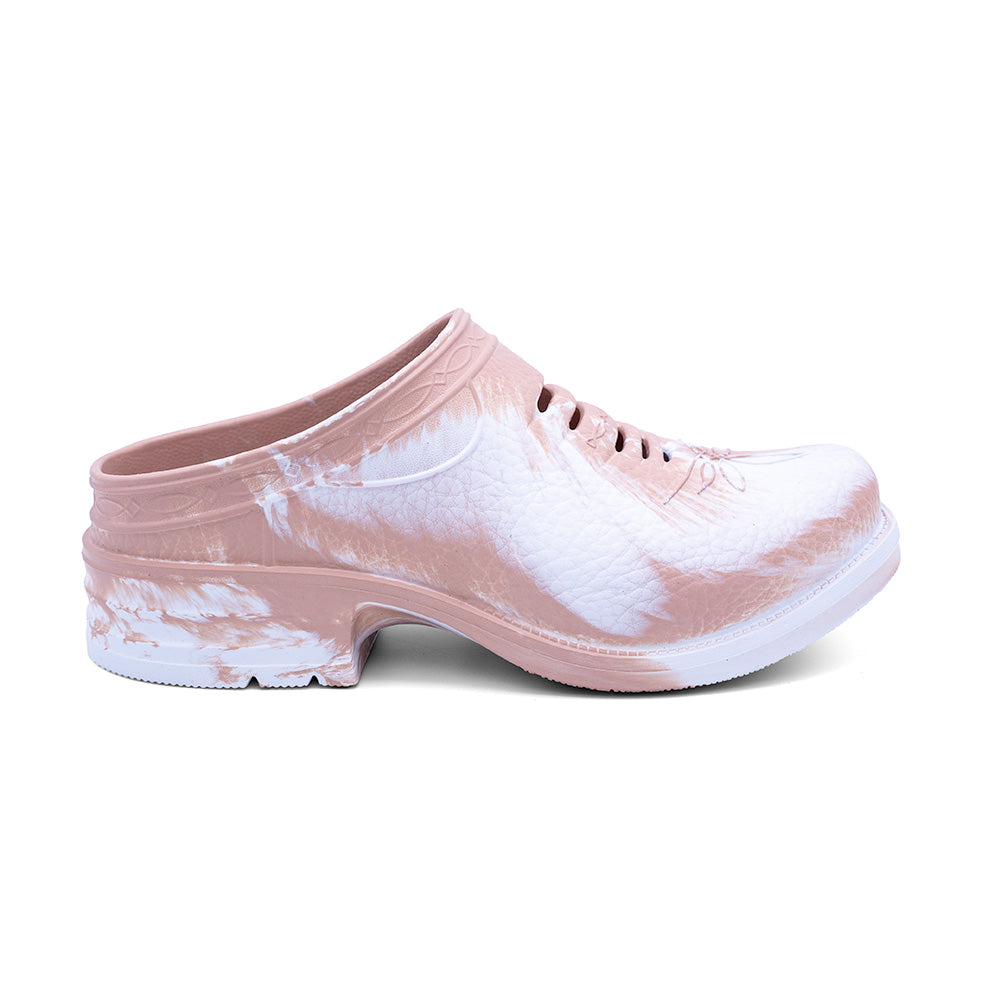 Westech Outrider slip-on shoe in Peaches & Cream, soft peach and cream marble swirl Western comfort footwear on white background, lightweight and supportive, made in the USA