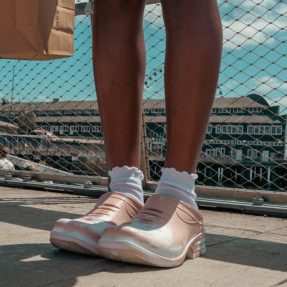 Westech Outrider Peaches & Cream slip-on shoes styled with casual outfit, dreamy marble pattern Western comfort footwear for everyday wear, Made in USA