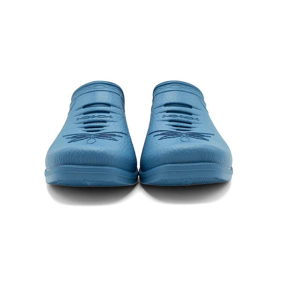 Pair of Westech Outrider slip-on shoes in Robin's Egg Blue on white background, lightweight EVA Western shoes with supportive arch, Made in USA