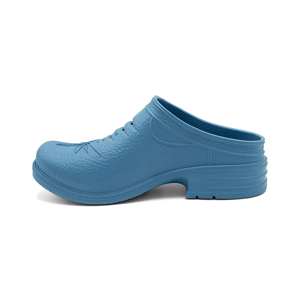 Westech Outrider slip-on shoe in Robin's Egg Blue, fresh bright blue Western comfort footwear on white background, ultra-lightweight and supportive, made in the USA