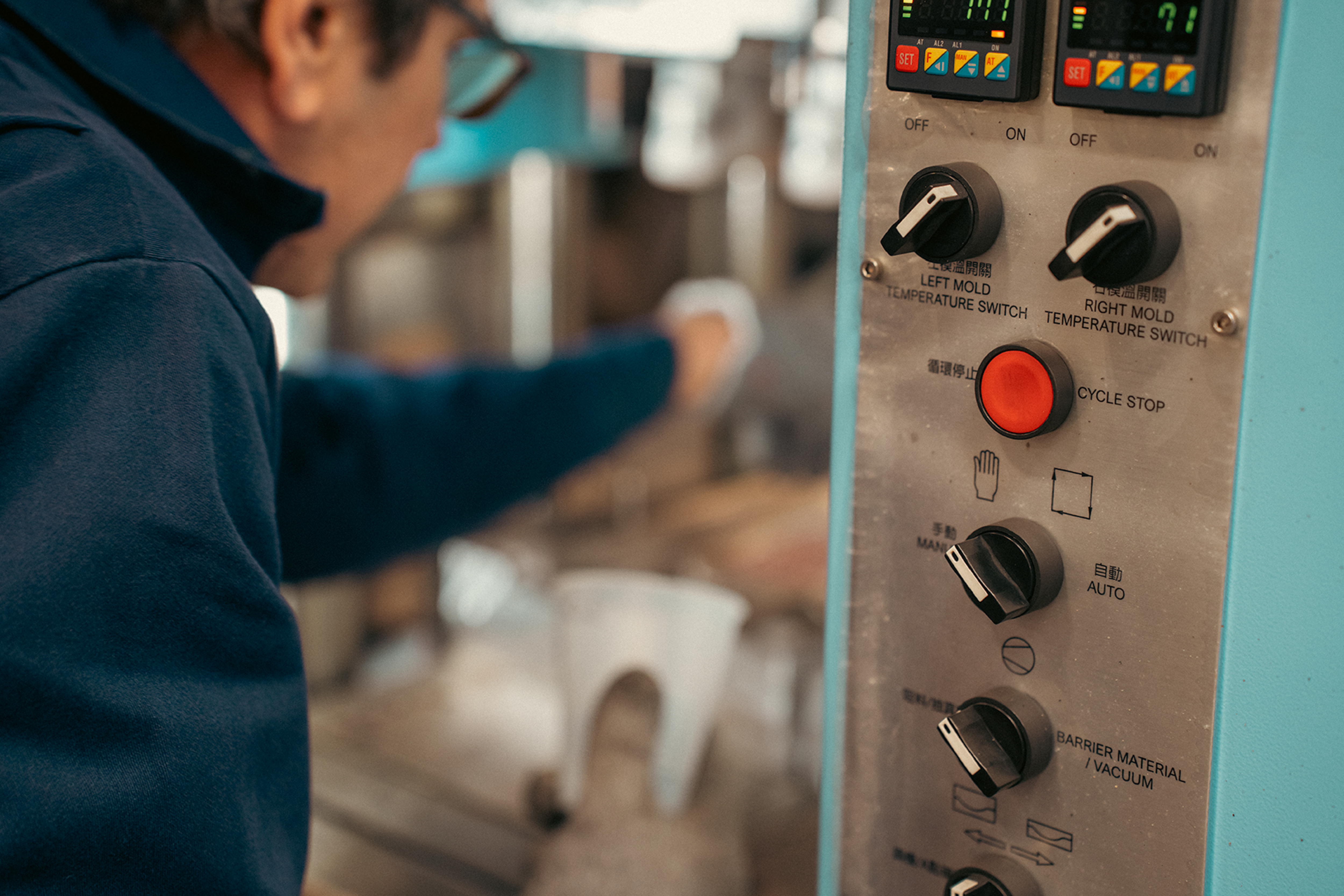 Factory worker operating molding machine for Westech Outrider shoes, Made in USA production process