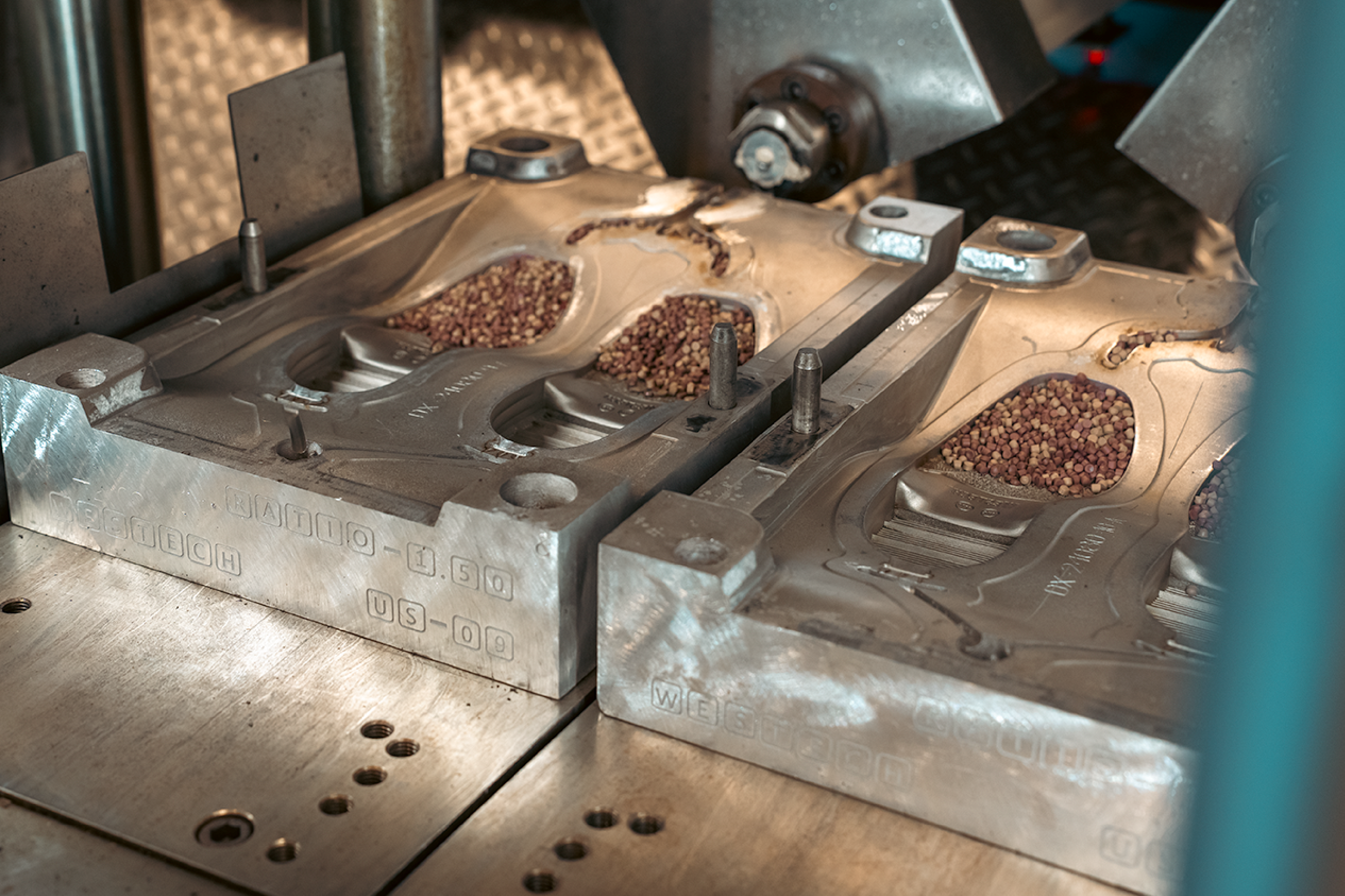 Close-up of Westech Outrider shoe mold in our factory, showing the precision tooling used to create our lightweight EVA Western slip-on shoes, Made in USA